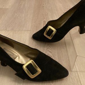 Womens Black Suede Pump Shoes w Gold Side Buckle, Fluevog style!